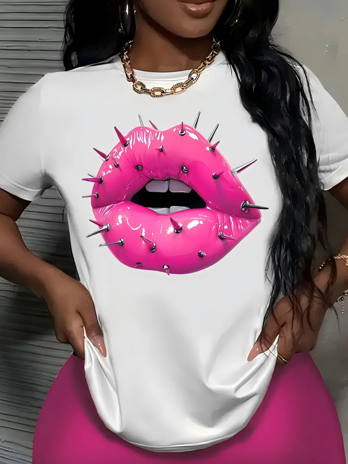 Women's Rock and Roll Steel Nail Lips Print T-Shirt Casual Crew Neck Short Sleeve Top for Summer T-Shirt Women Clothing