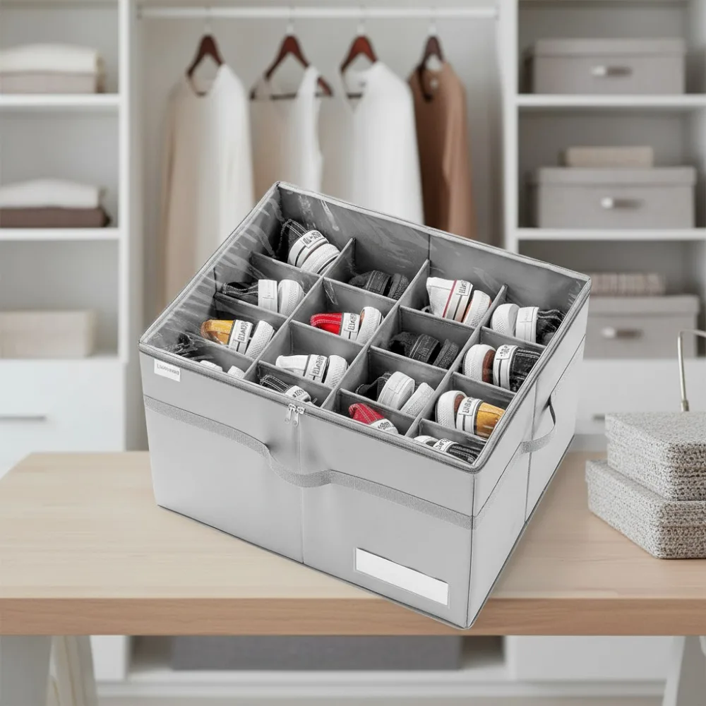

Foldable Shoe Organizer for Closet, Holds 16 Pairs, Clear Storage Bins with Bottom Support and Handles, Gray