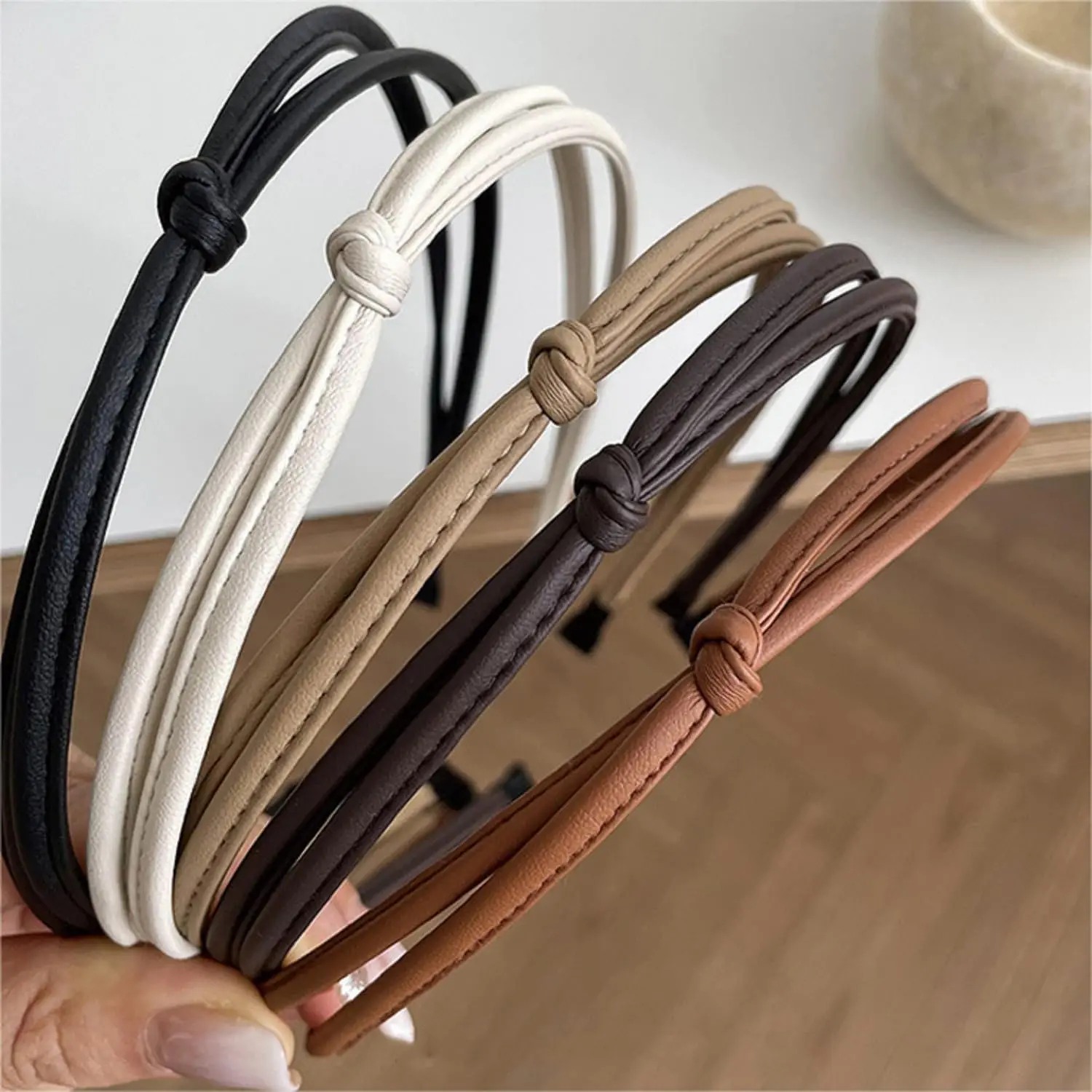 

5 Pcs Thin Leather Headbands for Women, Cute Knotted Hair Bands Fashion Black Brown White