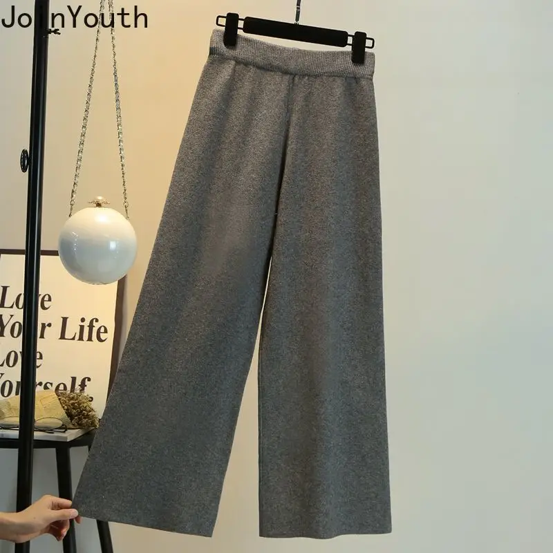 Gebreide Wijde Pijpen Broek Voor Vrouwen Effen Kleur Hoge Taille Pantalon Femme Casual Mode Koreaanse Rechte Broek 2024 Nieuwe Bodems