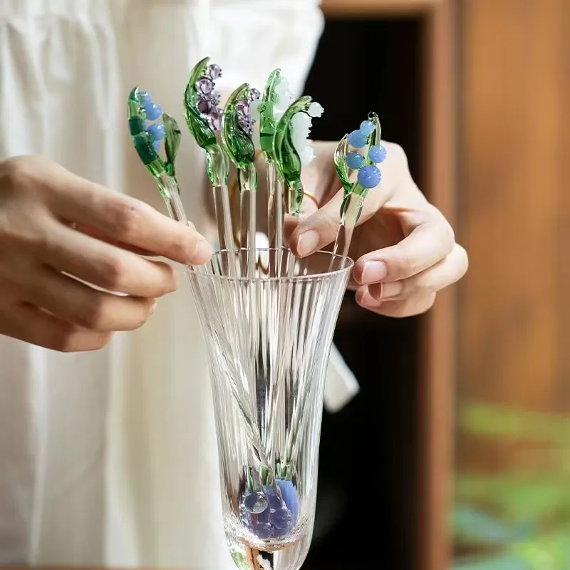 Flower Mixing Spoon Creative Personality Solid Long Handle Glass Spoon Milk Tea Juice Coffee Glass Colored Spoon