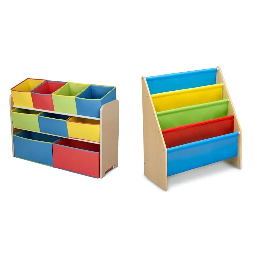 

Multi-Color Deluxe Toy Organizer With Storage Bins & Sling Book Ra Bookshelf, 4-Tier Wooden Shelf With Soft Fabric Pockets,