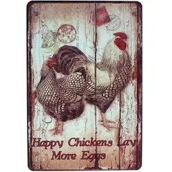 Happy Chickens Lay More Eggs, Rooster Decor Metal Tin Sign, Wall Ornament Farm & Bar Decor 8