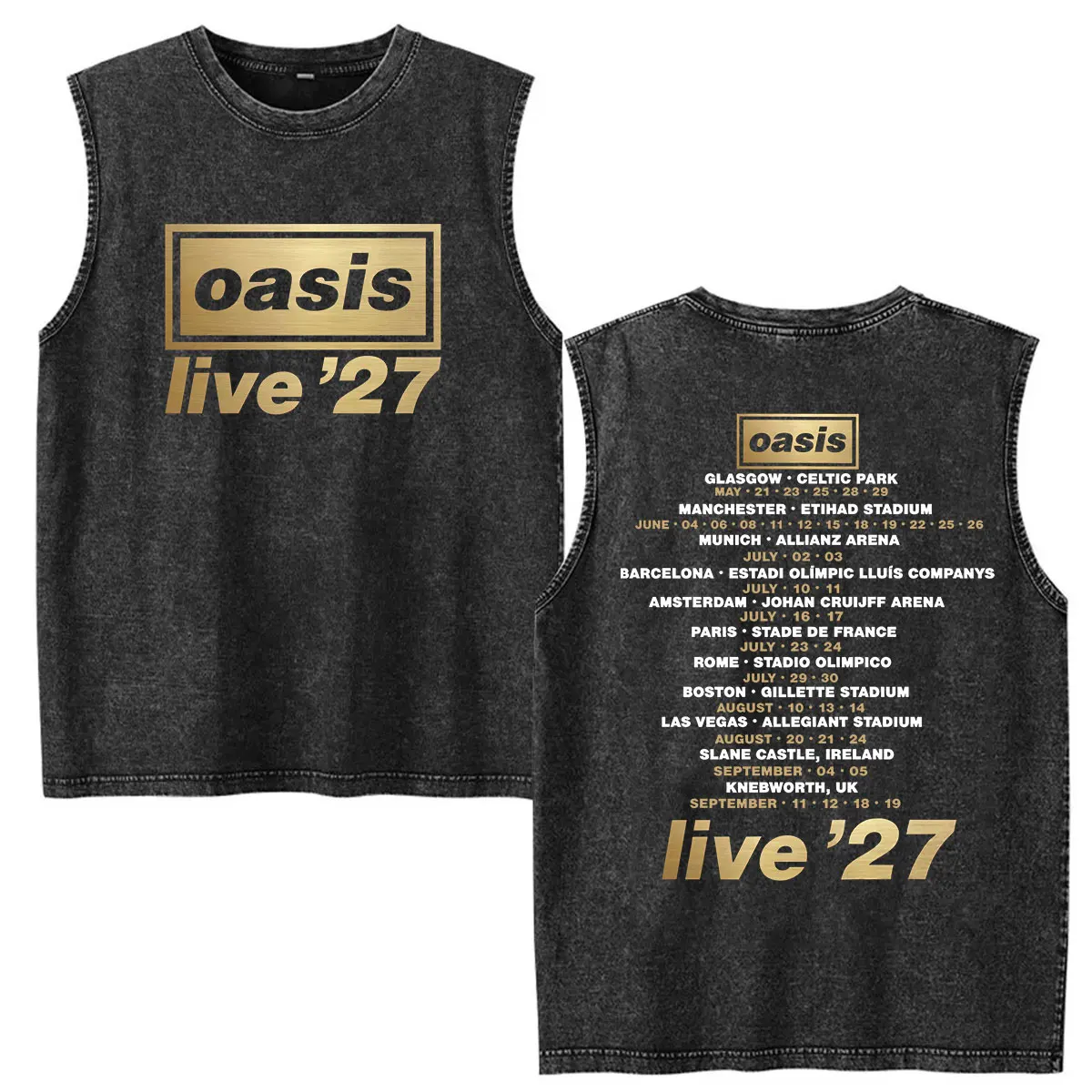 O-Oasis Live 27 Tour Washed Vest Print T Shirt Men Women Vintage Tank Top Cotton Short Sleeve T-shirts Clothing Fashion T-shirt