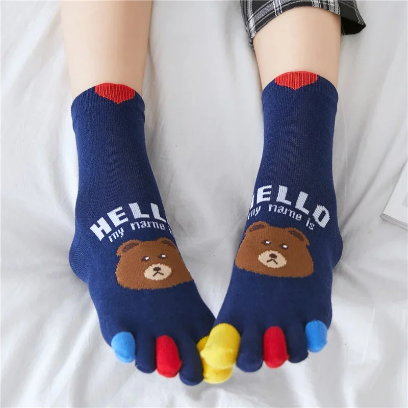 4 Pairs Autumn Winter Cotton Toe Sock Women Tube Cartoon Female Bears Rabbits Hello Warm 5 Finger Socks Kawaii