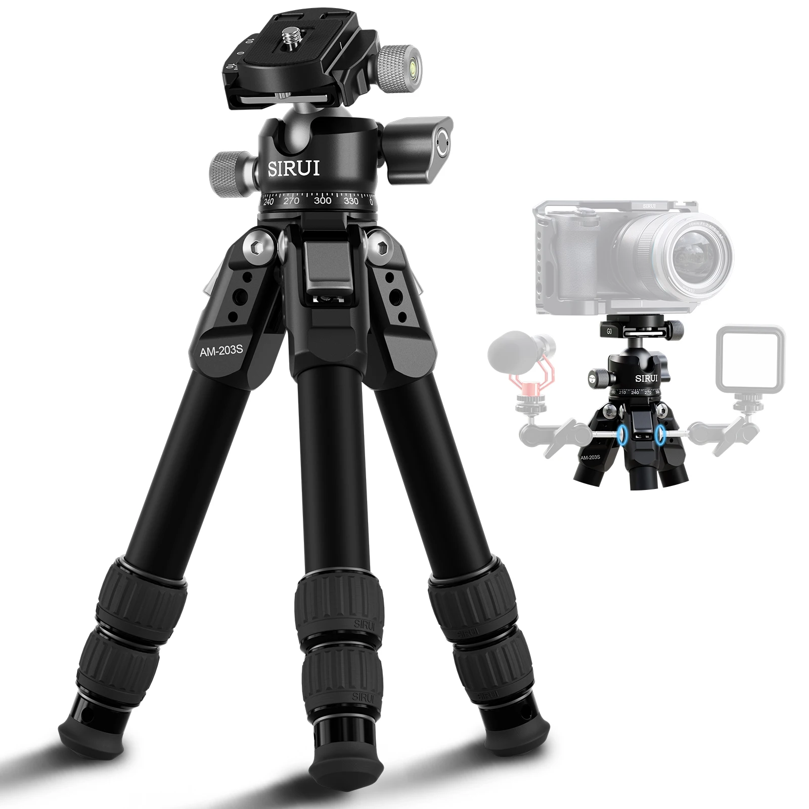 SIRUI Lightweight Mini Camera Tripod With Low-Profile Ball Head Compact Aluminum Desktop Tripod Kit For DSLR Phone AM-203S+G0