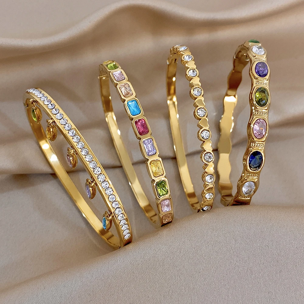 Shiny Colorful Zirconia Inlaid Stainless Steel Bracelet Bangle Women Minimalist Stackable Round Cuff Bangle Waterproof Jewelry