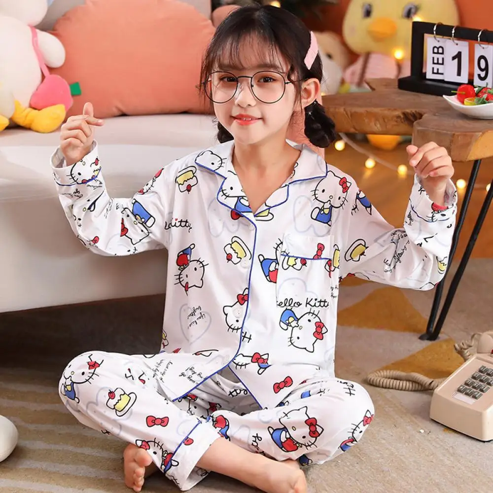 Cinnamoroll Hello Kitty 2Pcs Parent-Child Pajamas Collar Cardigan Pants Anime Kawaii Sanrios Kuromi Cartoon Homewear Sleepwear