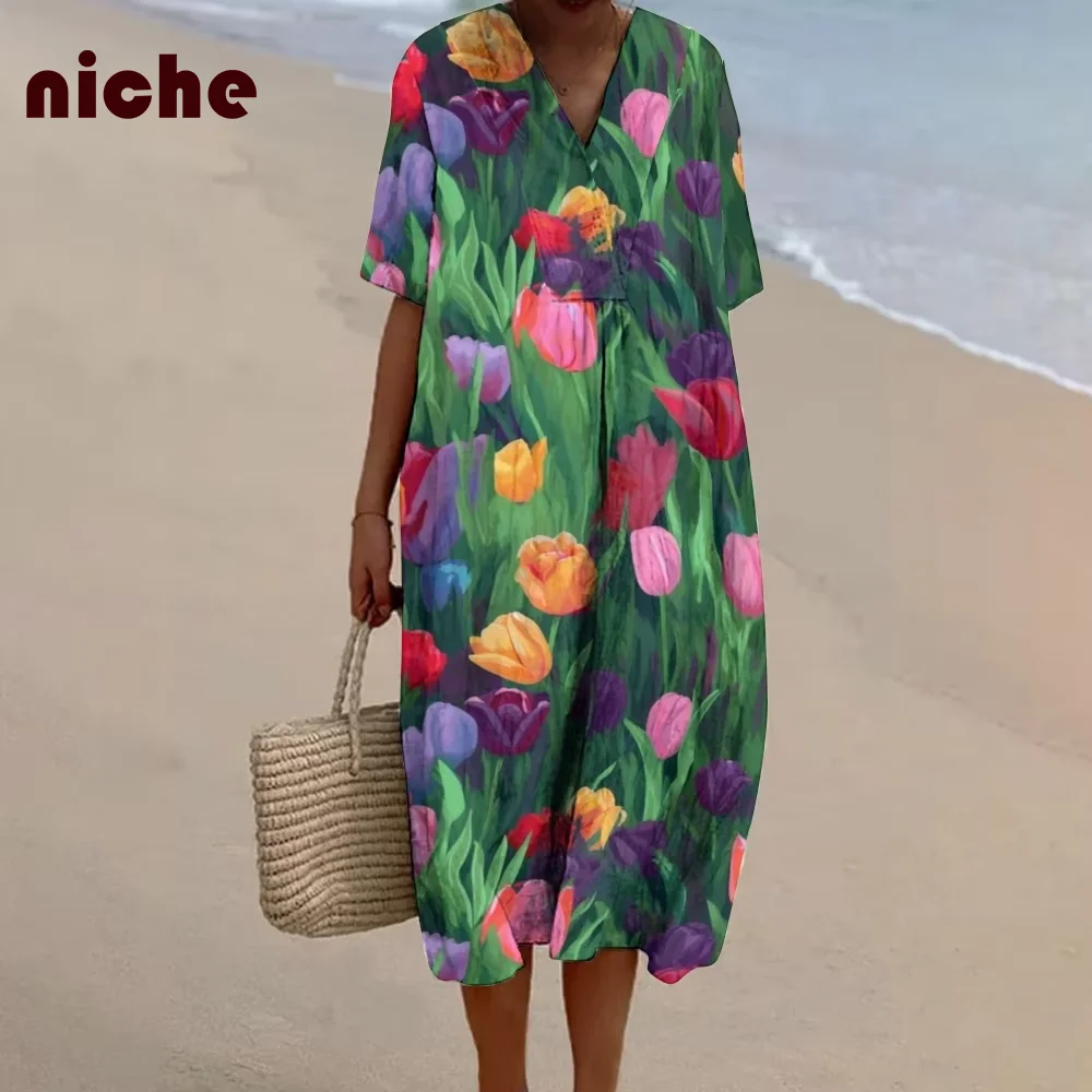 

Vintage Ladies Dress Chic Tulip Flower Graphic Print Trend New Beach Skirt Soft Comfortable High Quality Fabric