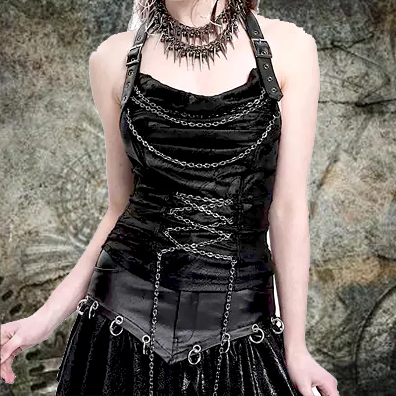 

Сексуальная футболка без рукавов с цепочкой и жилетом. 2025 летний женский жилет в готическом стиле в стиле панк