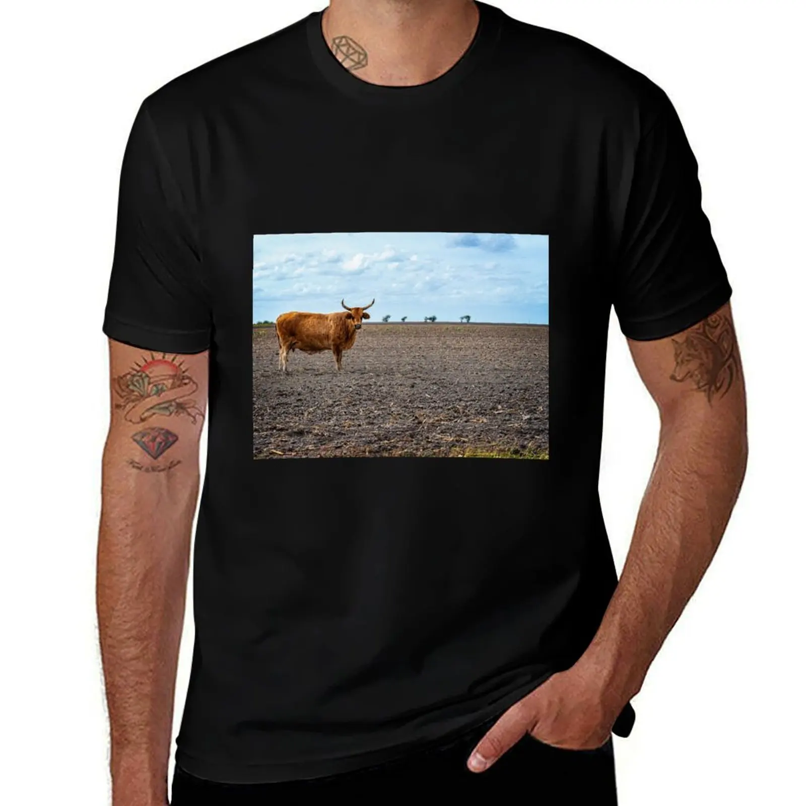 Cow with horns standing in empty pasture T-Shirt Trendy Pattern for Men T-Shirt