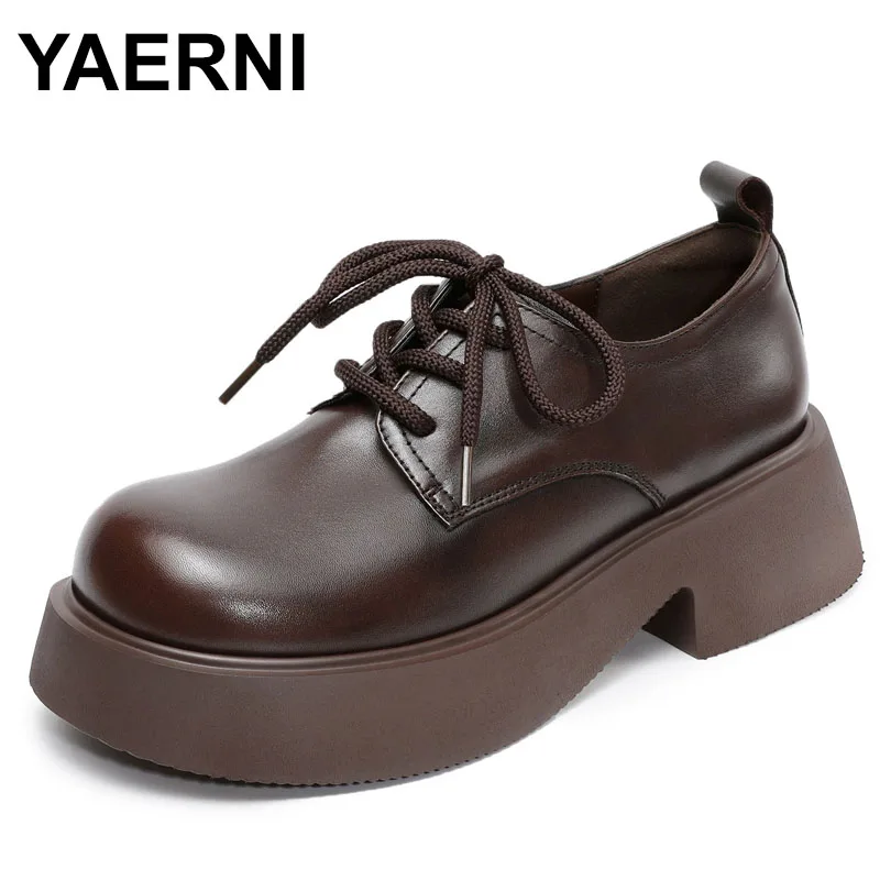 

Women Chunky Platform Shoes Spring Autumn Big Toe Genuine Cow Leather Lace-Up Thick Heel Casual Retro Shoes Footwear