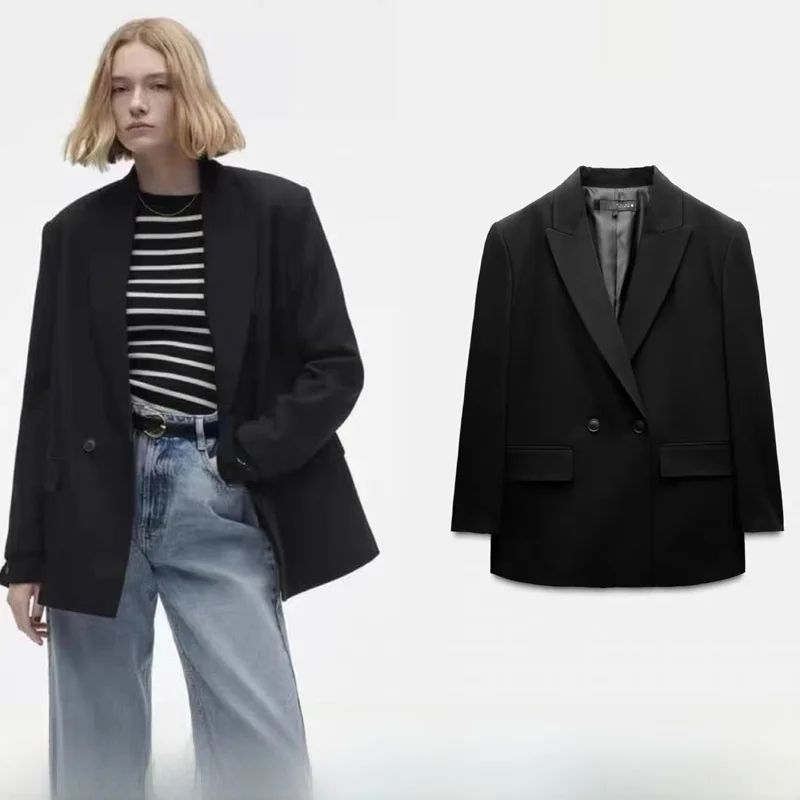 

Loose Double-Breasted Black Suit Jacket Women's Fashion Versatile Style Long Sleeve Zipper Closure Traditional Collar C...