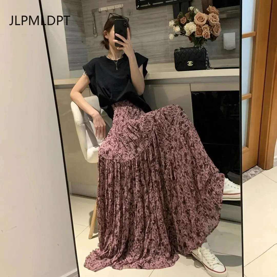 تنورة طويلة رفيعة تغطي الورك جديدة لصيف 2025 تنورة نسائية كبيرة الحجم ذات ثنيات عالية الخصر على شكل زهور #5