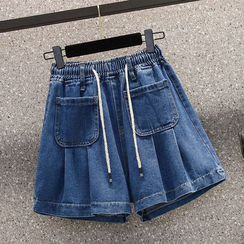 Female Korean High Waist Casual Drawstring Denim Shorts Summer Women\'s Clothing Fashion Pockets Spliced Loose Wide Leg Shorts