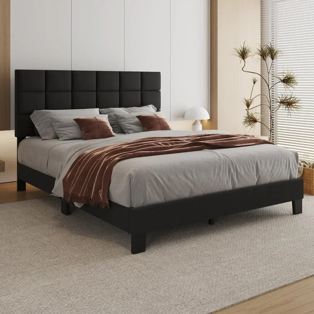 Cama queen-size completa com cabeceira, linho estofados Bed Frame, suporte de madeira Slats, Dark Grey Bed Bases, No Boxing Needed