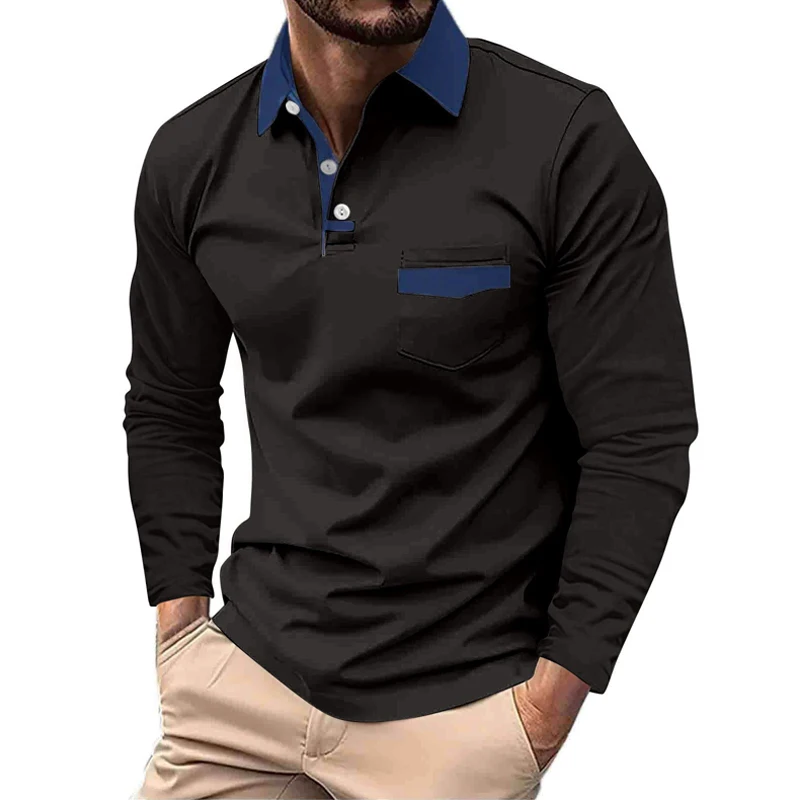 Camisas de Moda para Hombre, Polo de Manga Larga con Solapa Sólida, Cuello en Color Contrastante, Bolsillo, para Uso Diario en la Oficina