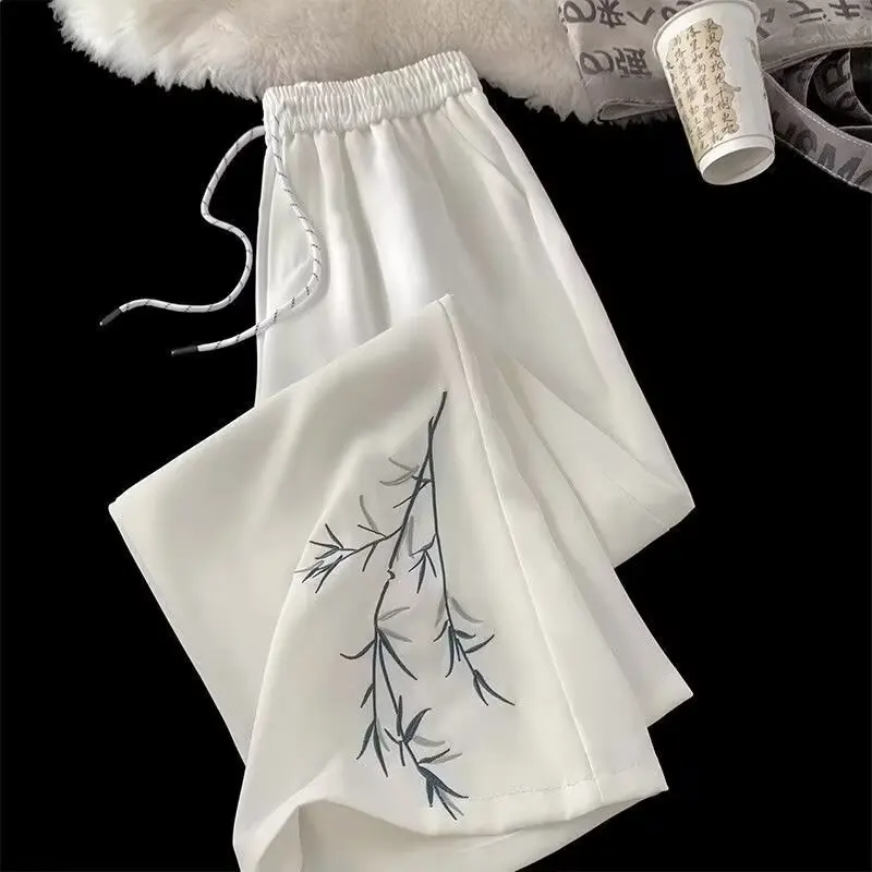 

Chinese style bamboo printed casual pants girls large size autumn new Chinese fashion brand slouchy straight leg pants