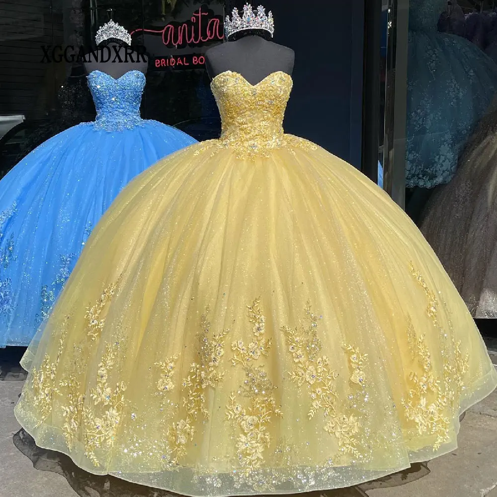 Customized Yellow Princess Quinceanera Dresses 2024 Real Beading Crystal Ball Gown Sweet 16 Dress Vestido De 15 Anos Quinceañera