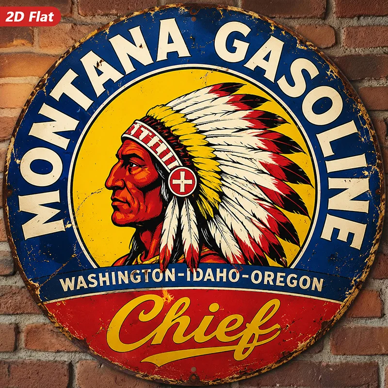 2D Flat, [2D Flat] 2D Flat Print 1pc Metal Iron Sign. Vintge Chief Sign Round Metl Sign Wll Rt, 