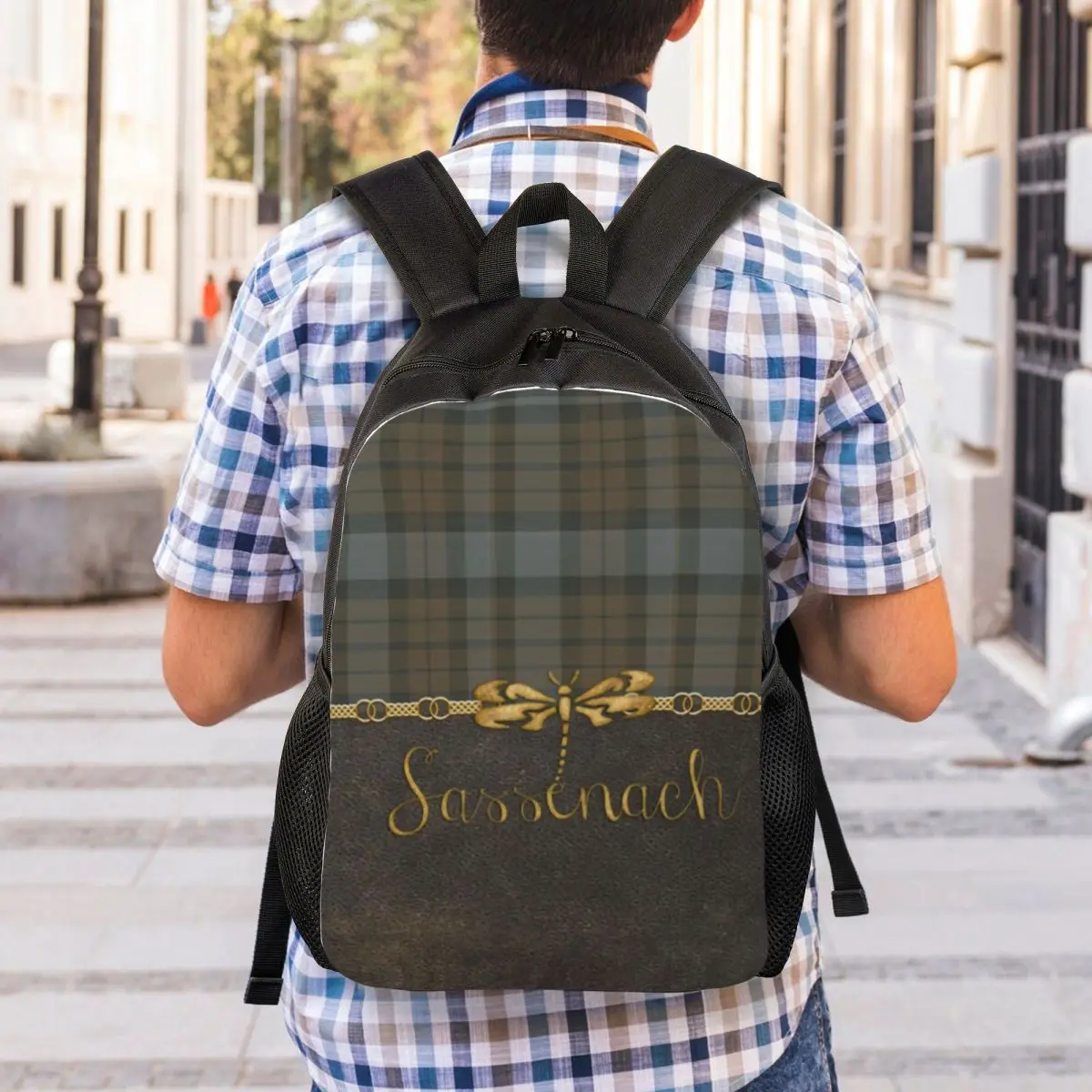 Leather And Tartan Sassenach Pattern Backpack for Men Women Waterproof College School Dragonfly Outlander Bag Printing Bookbag