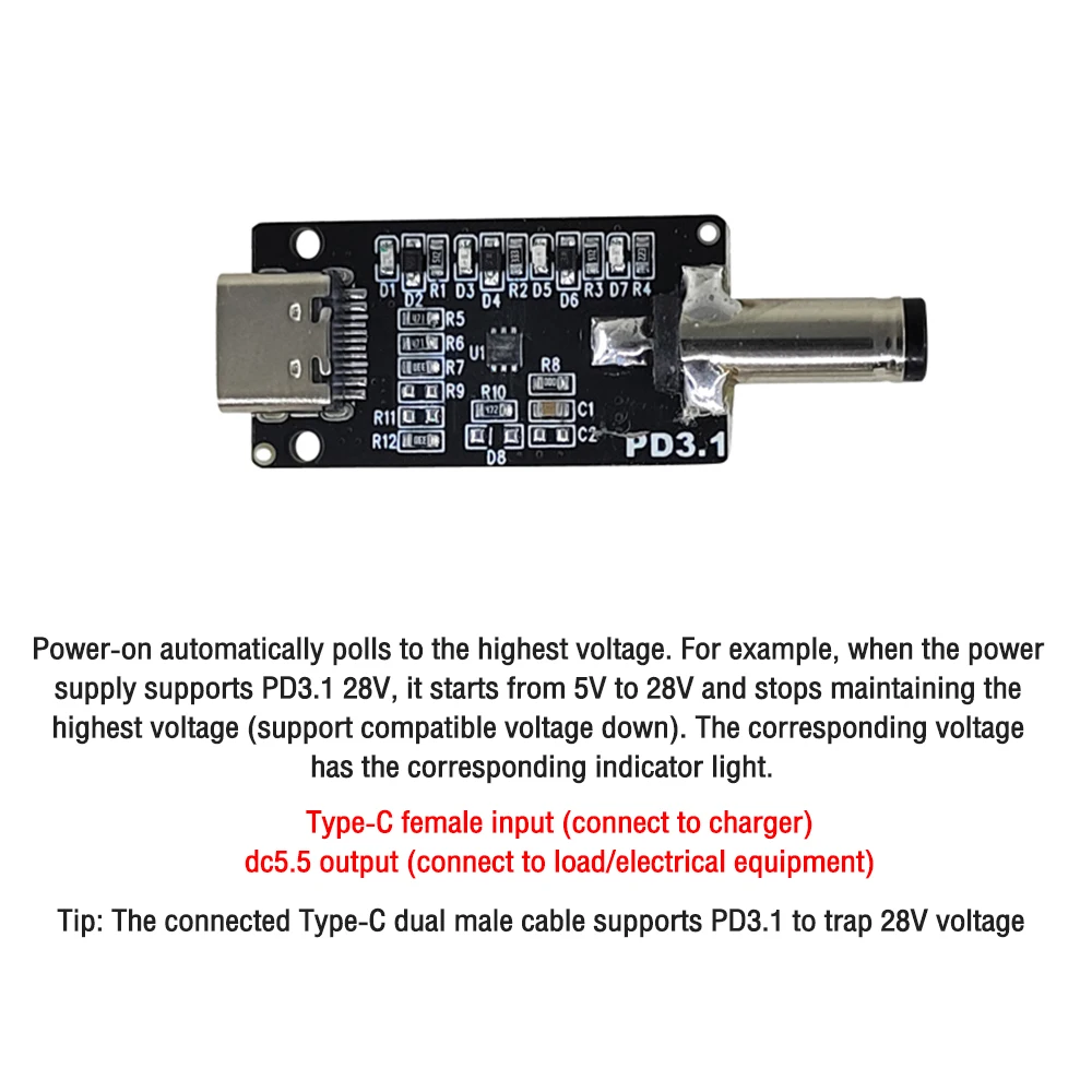 PD/QC Decoy Board szybkie ładowanie 5V/12V/20V/28V PD decoy moduł QC/PD 2.0 3.0 PD3.1 DC trigger kabel USB type-c żeńskie wejście