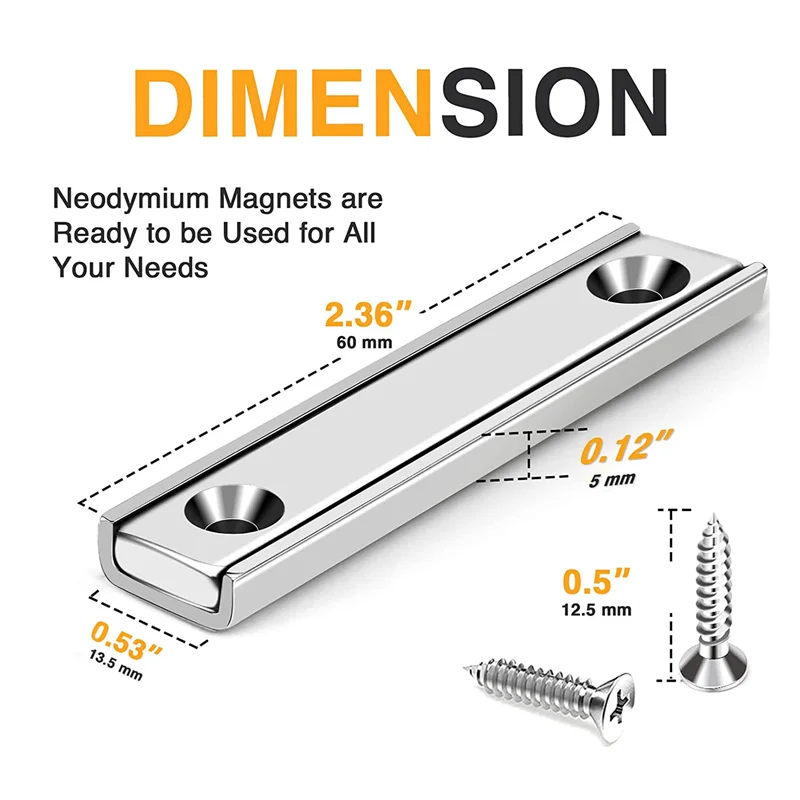 15Pcs Neodymium Bar Magnet with Countersunk Holes, 70Lb Rectangular Pot Magnet, Heavy Duty with Screws - 60X13.5X5mm