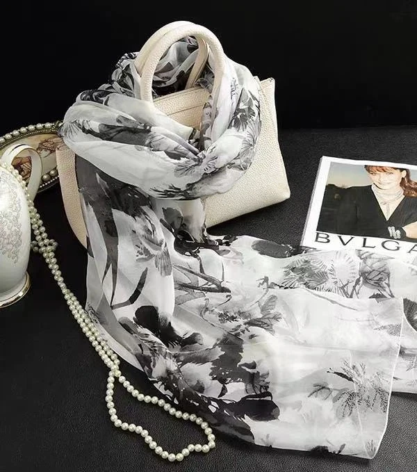 Women Ink Floral 100% Silk Scarf Long Shawl Wrap Black White Chinese Ink Painting Flower Print Silk Beach Cover Up Scarf