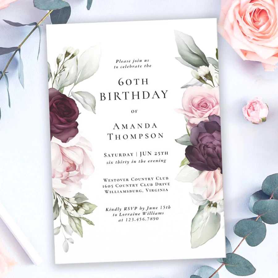 20/100pcs Personalized Birthday Invitation, Elegant Floral Design Series Birthday Invitation