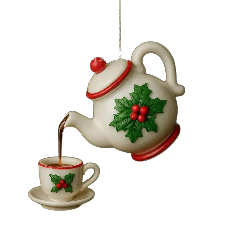 

Vintage Christmas ornament teapot with tea cups hanging festive decor for tree mantel dining room window holiday home display