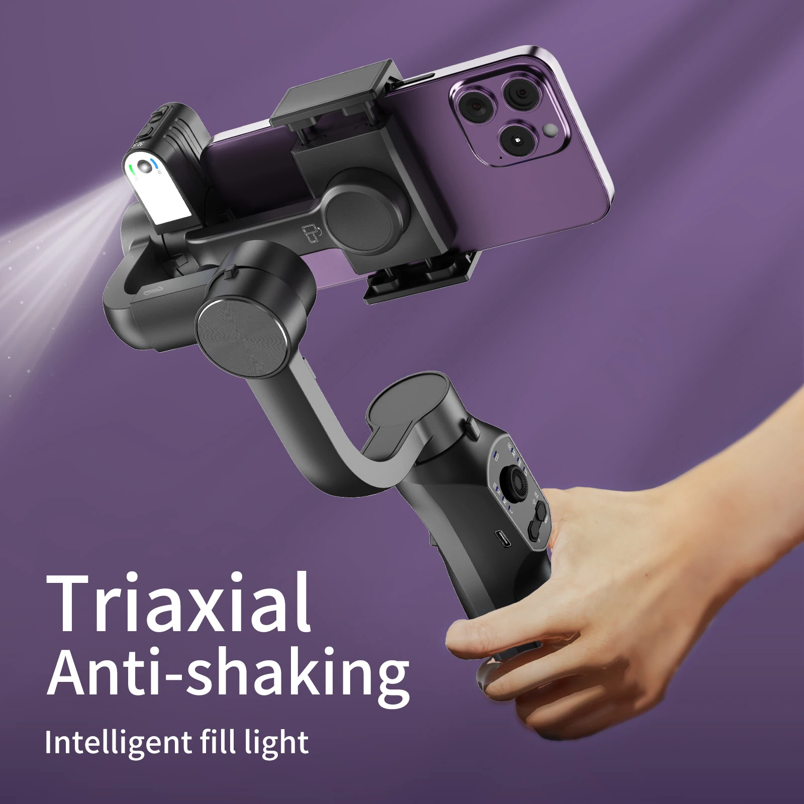 3-Axis Handheld Gimbal Stabilizer for Smartphones with Fill Light for iPhone Android Face Tracking Vlogging Anti-Shake Shooting