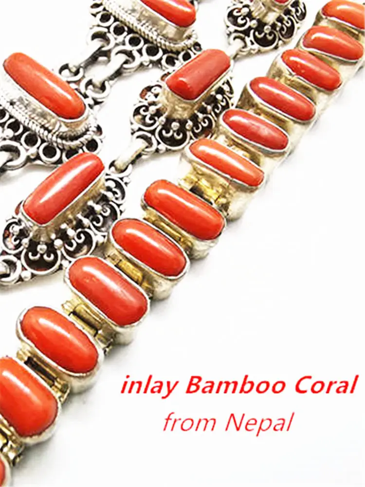 Nepal 925 Sterling Silver Vintage Jewelry Inlay Bamboo Coral Chain Bracelets for Girls T9005