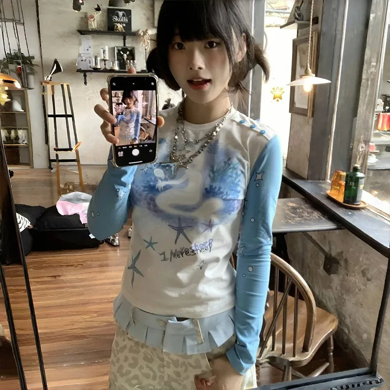 Karrram Japanese Y2k Anime Print T-shirt Vintage 2000s Aesthetics Patchwork Top Fairycore Blue Long Sleeve T Shirt Lolita Kawaii images - 6