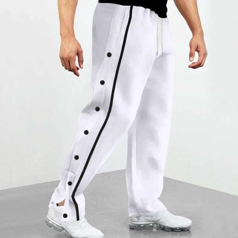 Daily Casual Loose Men Pant Buttons Patchwork Design Streetwear Straight Leg Trousers Lace-up Elastic Waist Harajuku Track Pants