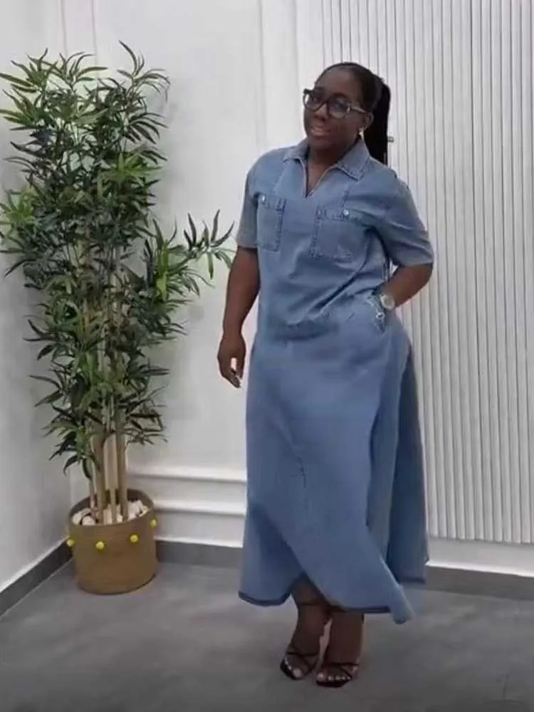 

Elegant Women's Two-piece Set Summer Casual Outfits Blue Denim Long Skirt and Blouse Set Lady Suit Dress Wholesale Dropshipping