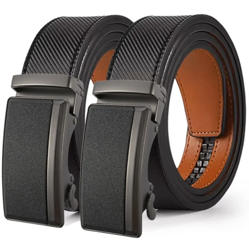 Carbon Fiber Texture Two-Layer Cowhide Belts for Men Alloy Buckle Men's Leather Waistband Multiple Automatic Available Male Belt