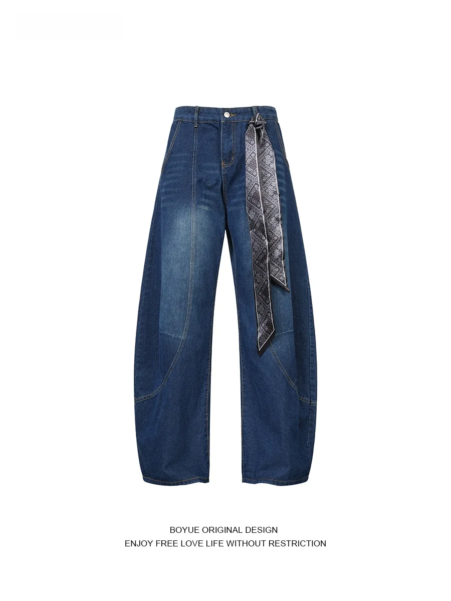 

Boyue American Retro Knife Jeans Men's Loose Fit Waed Wide Leg Pants with Ribbon Design Casual Straight Leg Trousers