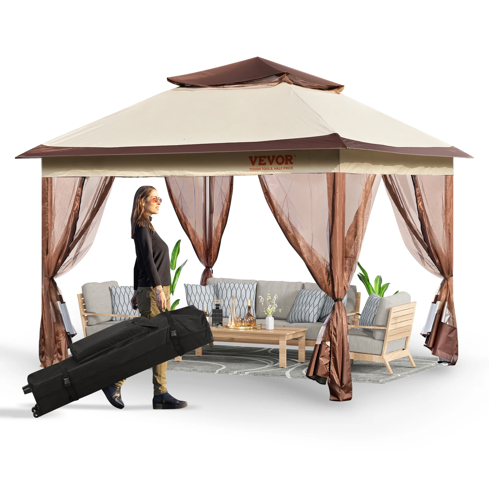 VEVOR 11x11ft/10x10ft/10x13ft Portable Gazebo PU Coated 250D Garden Market Waterproof Collapsible Canopy Party Tent for Outdoor