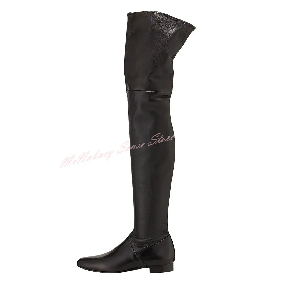 

Сапоги выше колена на плоской подошве с круглым носком, однотонные кожаные ботинки нового стиля, женская сексуальная обувь, зимняя вечеринка, повседневная дизайнерская боковая молния