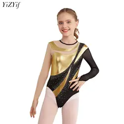 Kids Girls Rhythmic Gymnastics Leotard Ballet Dance Wear Figure Skating Costume Shiny Metallic Contrast Long Sleeve Bodysuit