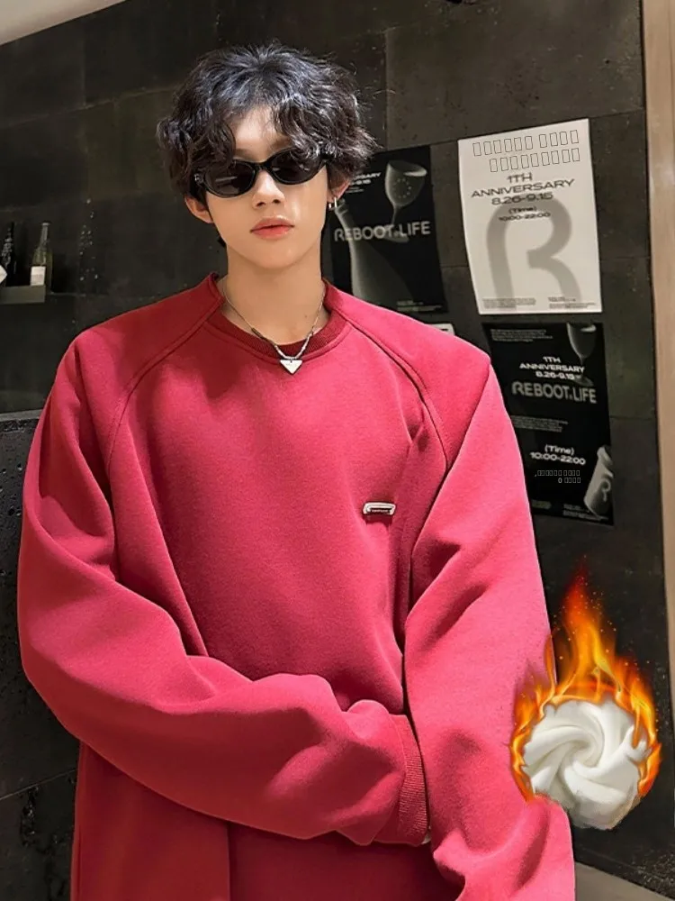 

Men's round Ne Fce Lined Thiened Autumn Winter Hoodie Oversize Color Base irt Trendy Casual Long Sve T-irt