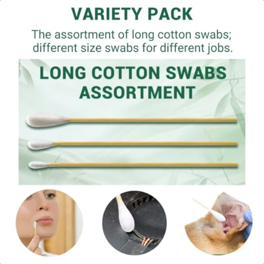 مجموعة متنوعة من مسحات القطن الطويلة مع 3 أطراف مختلفة، رؤوس قطنية صغيرة ومتوسطة وكبيرة على 6 عصا من الخيزران مثالية للمك