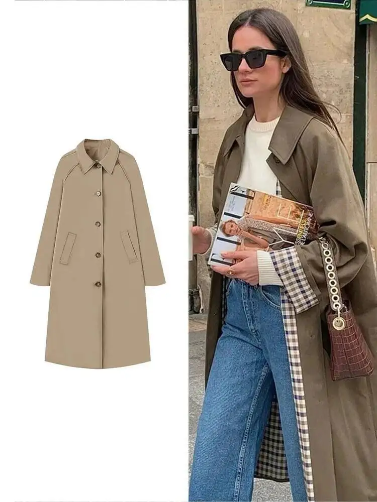 

Women Fashion Trench Autumn/Winter Lapel Long Sleeve Single Breasted Coat Loose Solid Color Simple Street Jacket