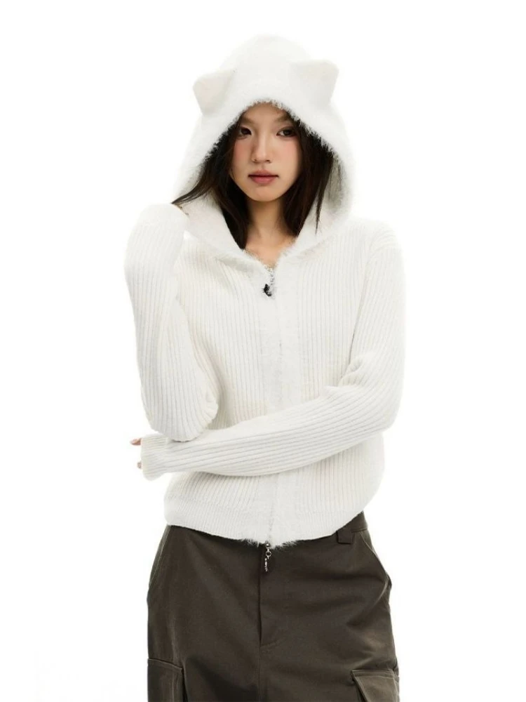 เสื้อคลุมคาร์ดิแกนมีฮู้ดทรงสลิมฟิตสไตล์วินเทจกรันจ์ ปี 2025 แต่งขนเฟอร์เทียมแบบต่อผ้า สไตล์ Y2K สำหรับฤดูใบไม้ร่วง มีซิป ​ เสื้อสเวตเตอร์ฮาราจูกุ