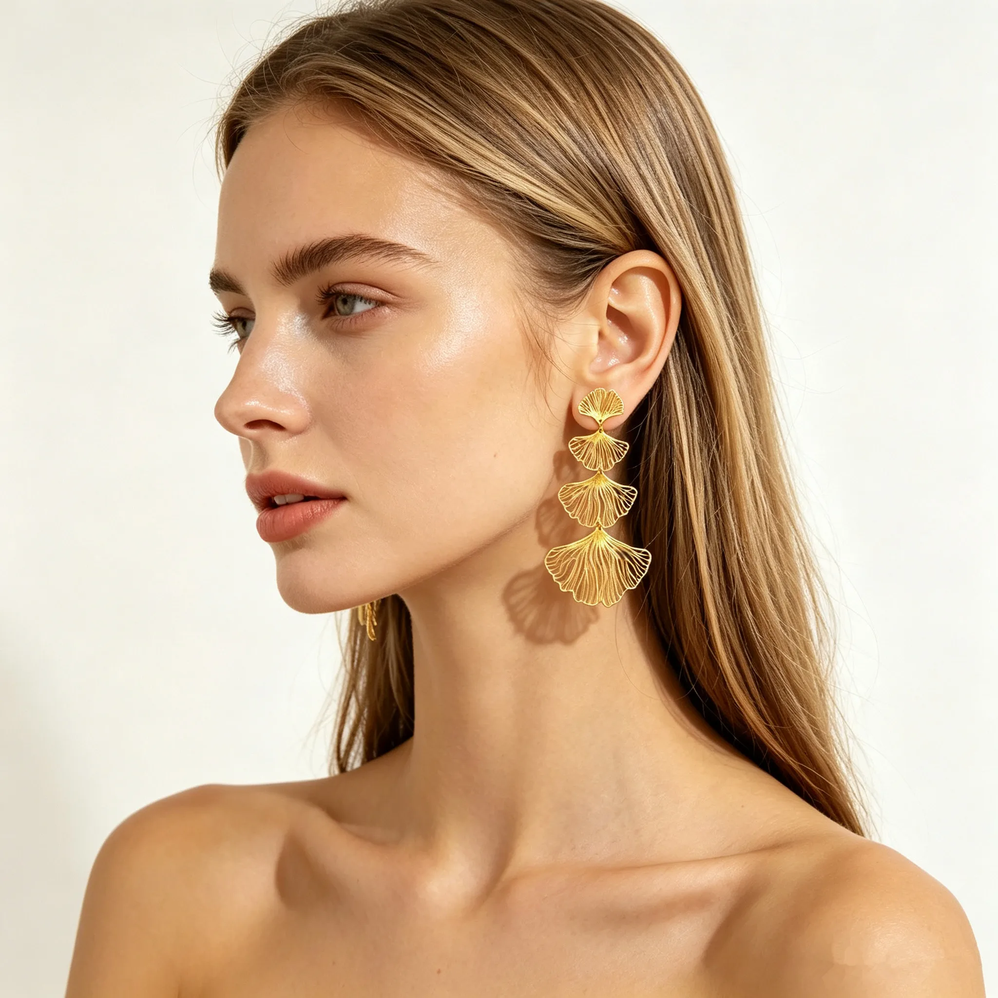 Stainless Steel Silver 4 Layers Hollow Ginkgo Leaf Drop Earrings Women Long Tassel Fan Dangle Earrings Hypoallergenic Waterproof