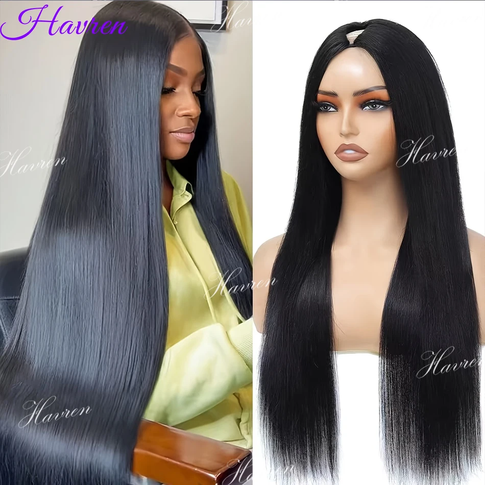 

V Part Wigs Human Hair Bone Straight Human Hair Wigs No Leave Out No Sew-In Half Wigs Glueless Natural Black Ready To Wear Wig
