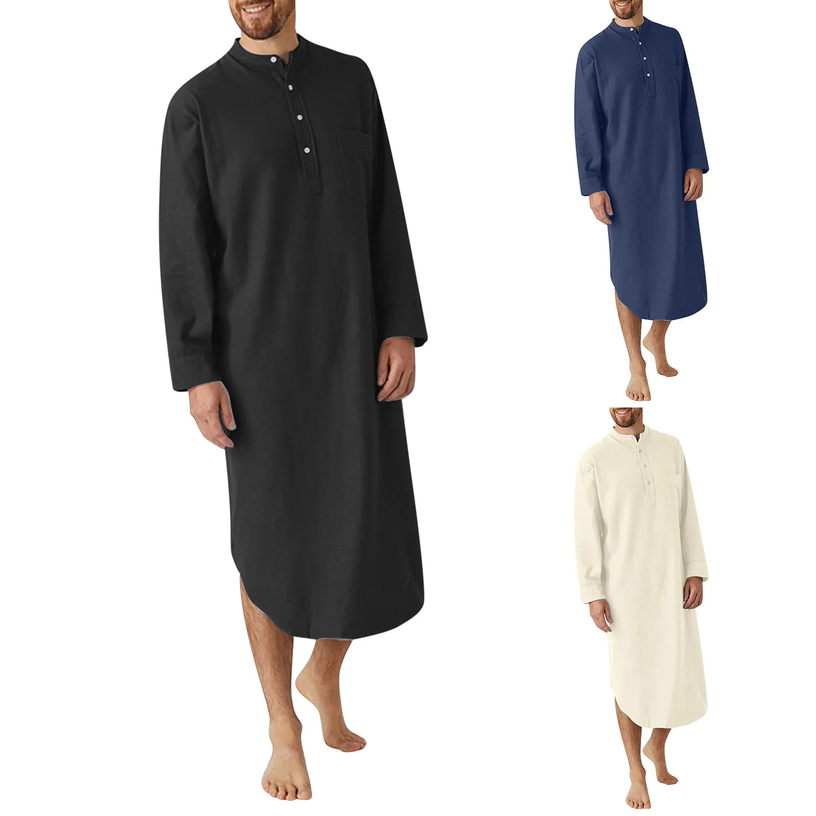 

Spring New Muslim Men's Nightgown Long-sleeved Solid Color Men's Extended Shirt