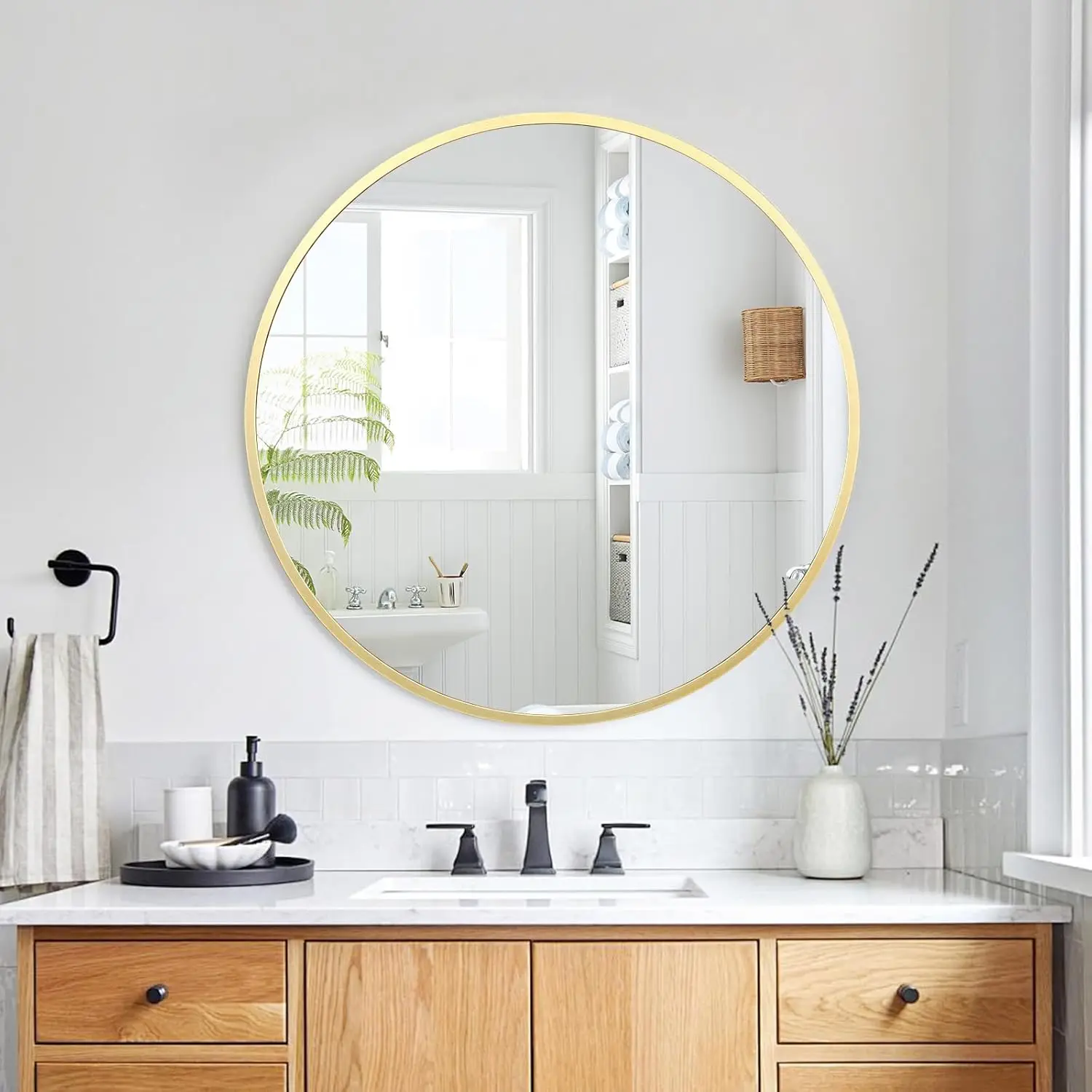 

32 Inch Round Mirror Elegant Metal Frame Wall Mirror Circle Decorative Mirror for Bathroom Vanity Living Room, Entryway, Foyer