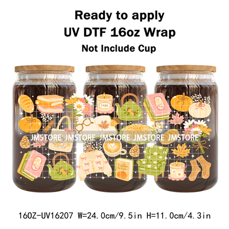 Cozy Autumn Food Fall Leaves Pumpkin 16OZ UV DTF Cup Wraps Ready To Apply Waterproof Transfer Stickers For Libbey Glass Can Mugs