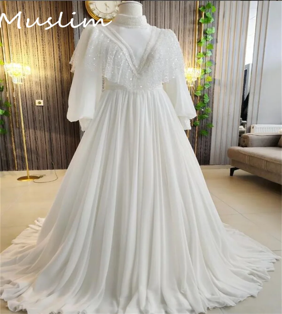 

Luxury Beaded Muslim Weddin Dress High Collar Long Sleeve Chiffon Arabic Bridal A Line Boho Cape Turkey Abaya Bride Customized